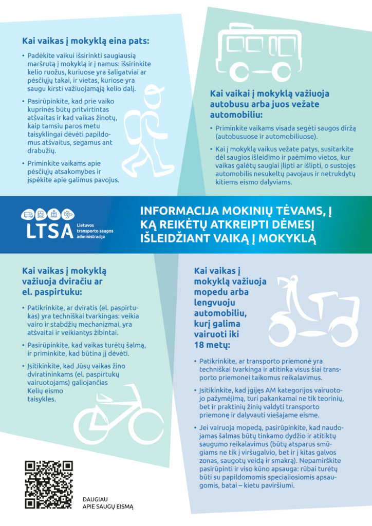Informacija mokinių tėvams, į ką reikėtų atkreipti dėmesį išleidžiant vaiką į mokykla